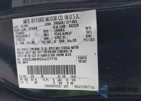 2004 Mercury Mountaineer from USA, damaged, VIN 4M2ZU86W24UJ17710